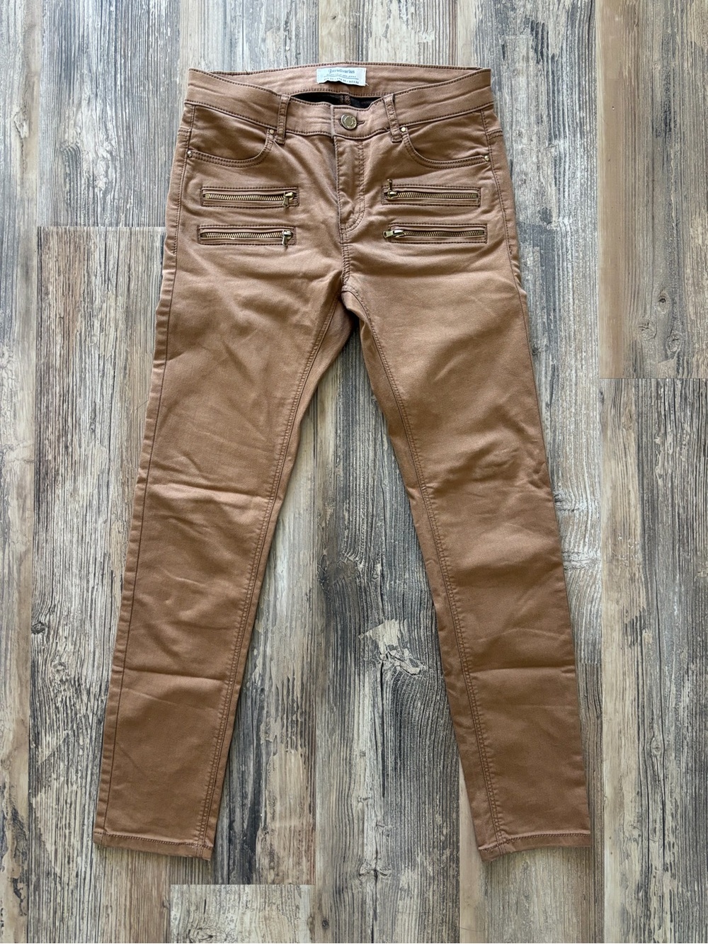 Slim Moto Zip Front Pants in Caramel Brown